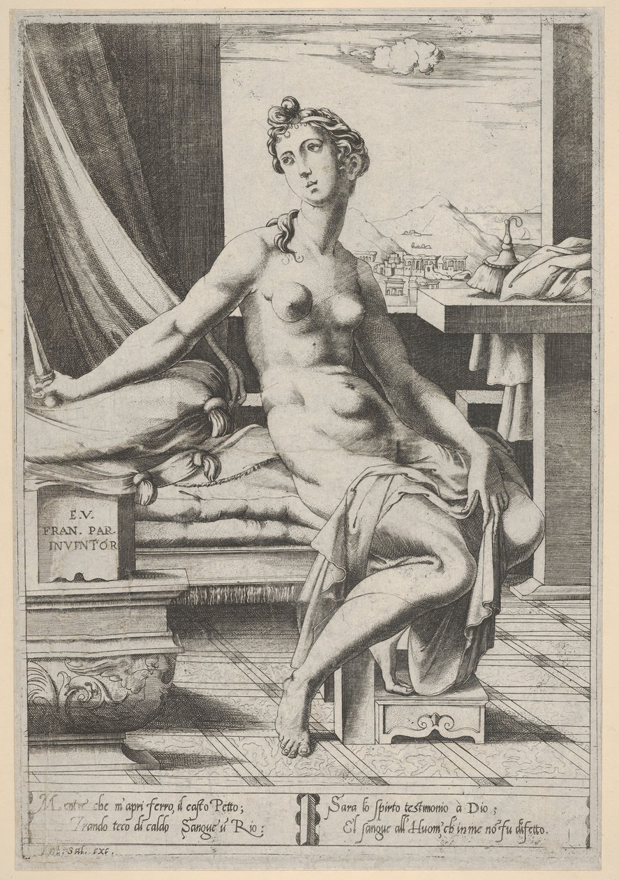 Lucretia nackt und vor einem Fenster sitzend, ein Dolch in ihrer rechten Hand von Enea Vico