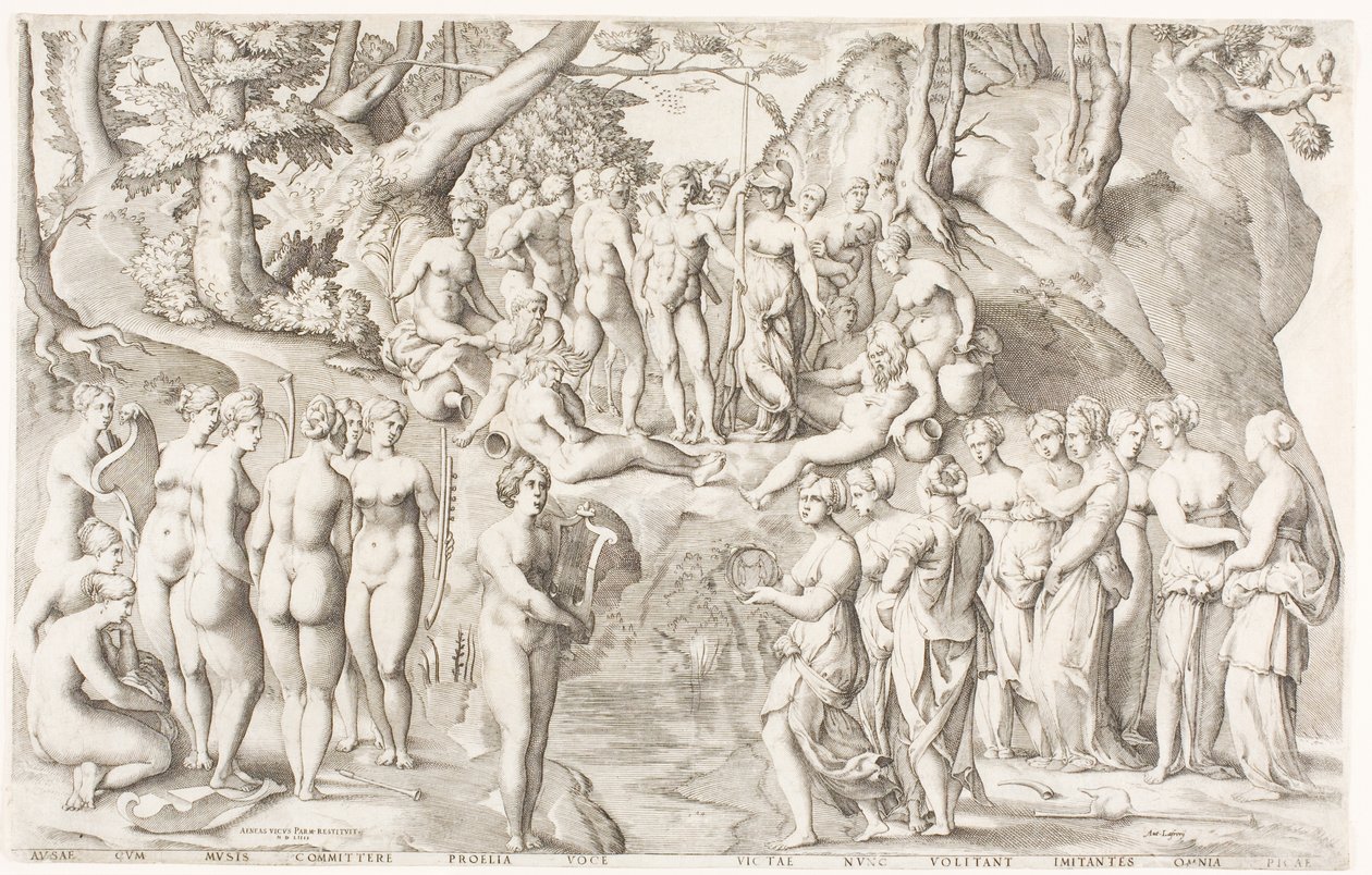Der Streit zwischen den Musen und den Töchtern des Pierios auf dem Parnass von Enea Vico