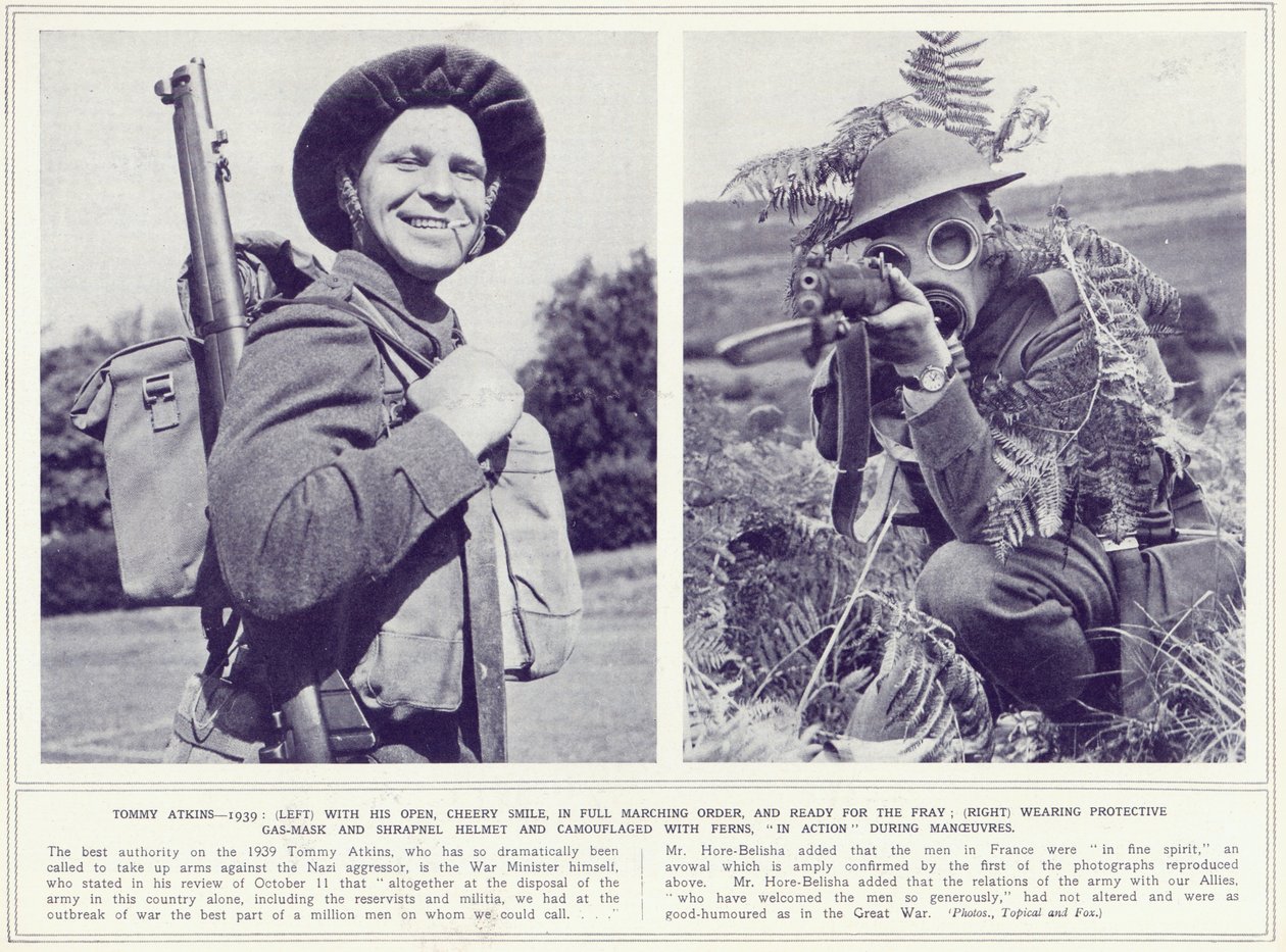 Tommy Atkins, mit fröhlichem Lächeln und in voller Marschordnung mit Schutzgasmaske und Tarnung, bereit für den Kampf, aus The Illustrated War News, veröffentlicht am 8. November 1939 von English Photographer