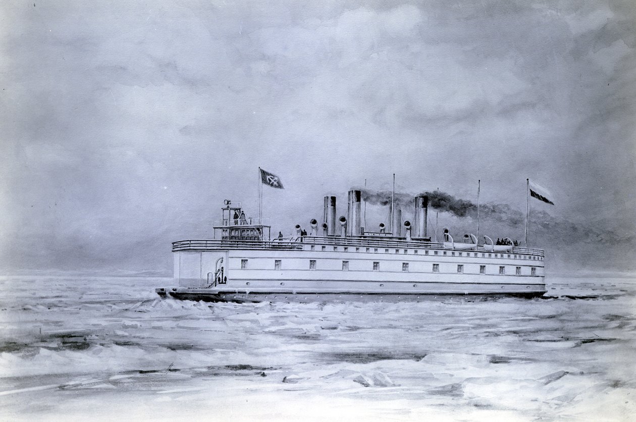 Yard Nr. 647, Baikal. Fotografie eines Gemäldes, das den eisbrechenden Zugfähren-Dampfer Baikal im Einsatz zeigt von English Photographer