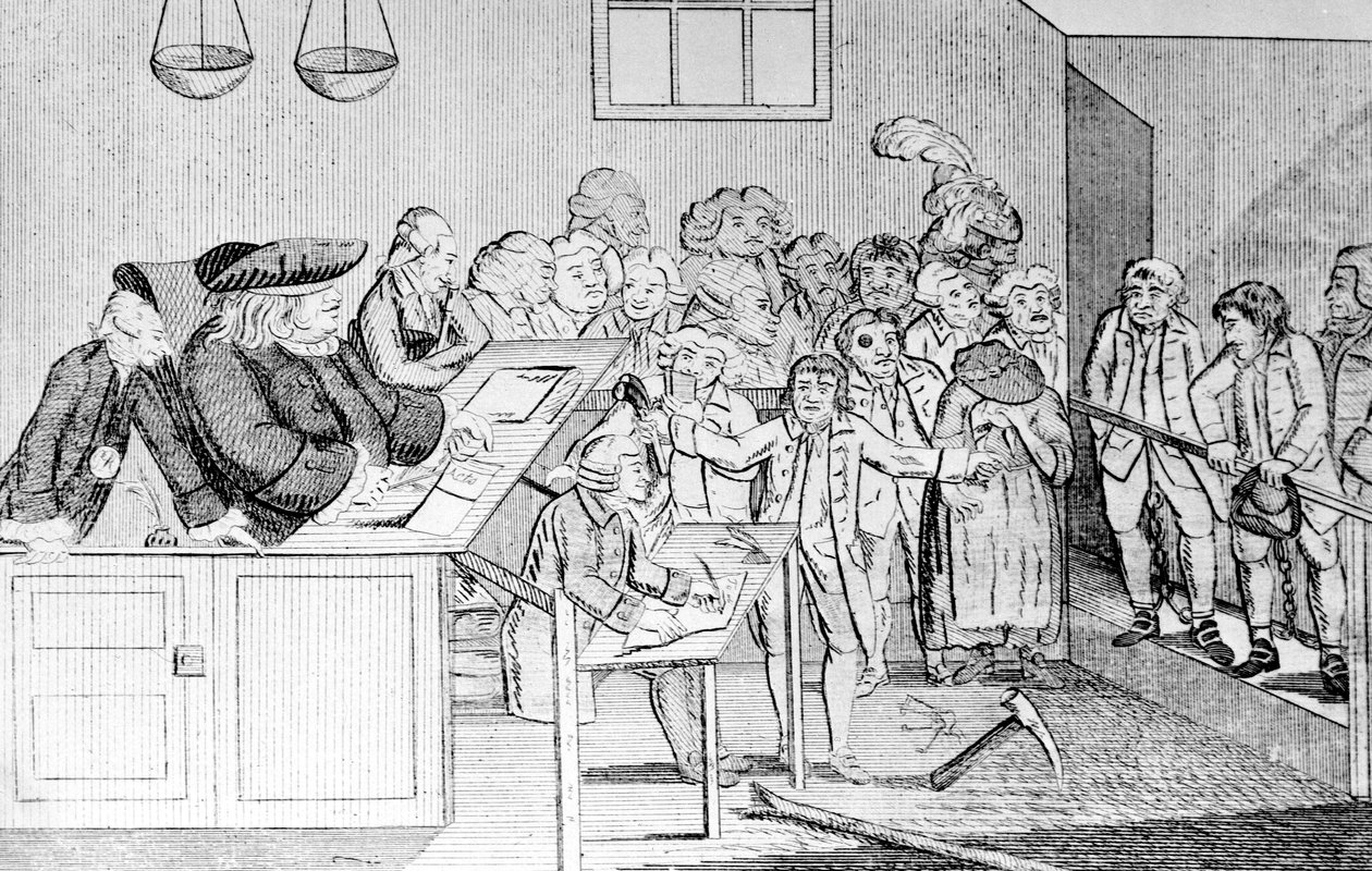Ein Bond und Urteil, Sir John Fielding leitet das Bow Street Court, 1779 von English School