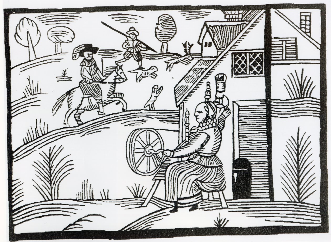 Eine ländliche Szene mit einer Frau beim Spinnen und zwei Männern, die einen Hirsch jagen von English School