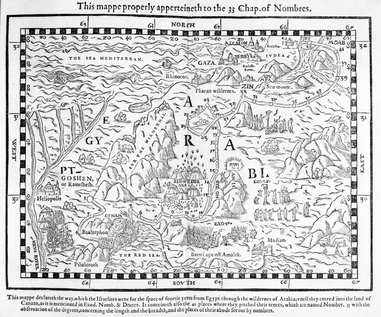 Eine Karte, die die Reise der Israeliten aus Ägypten nach Kanaan zeigt, Faksimile eines Bildes aus der Genfer Bibel von 1560 von English School