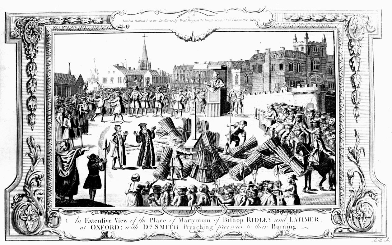 Ein weiter Blick auf den Ort des Martyriums von Bischof Ridley (ca. 1500-55) und Latimer (ca. 1485-1555) in Oxford mit Dr. Smith, der vor ihrer Verbrennung predigt von English School