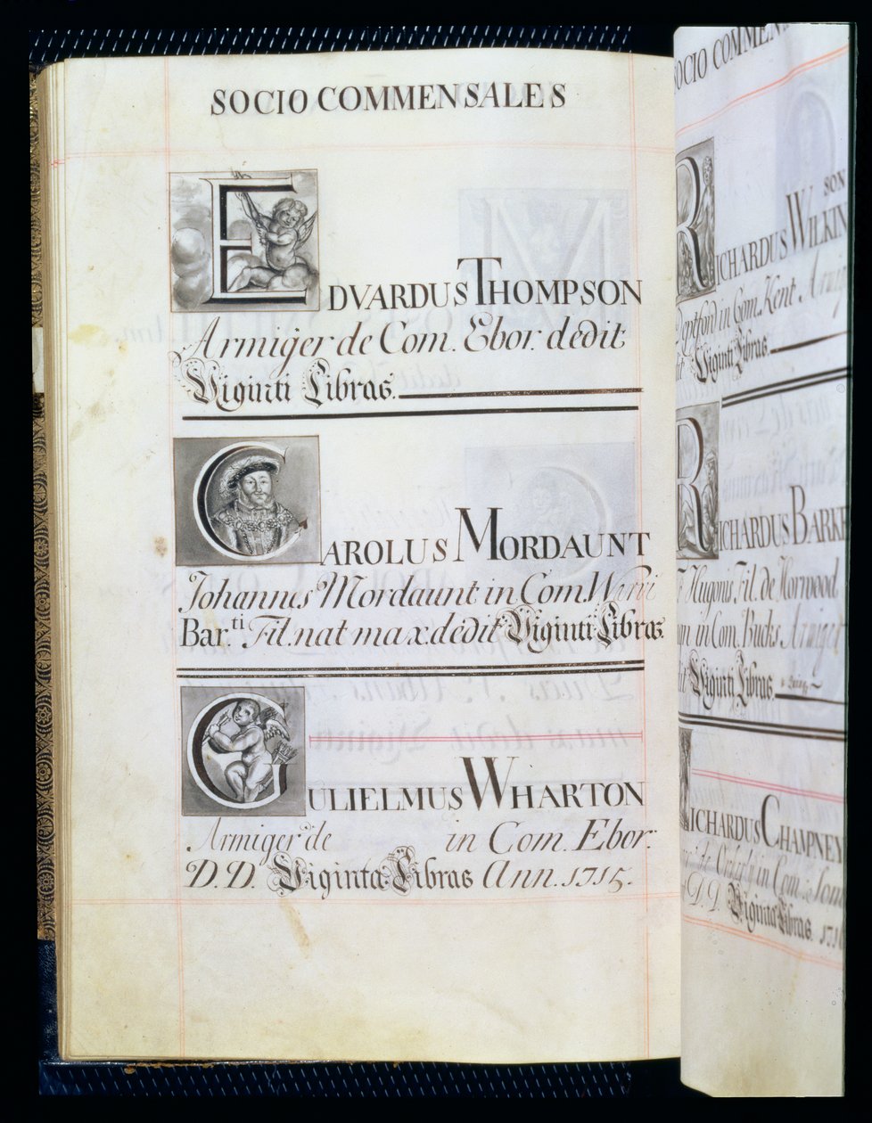 Archiv 3693 f.58v Seite mit der Auflistung von drei Wohltätern des New College, Oxford; Edvardus Thompson, Carolus Mordaunt und Gulielmus Wharton, aus einem Benefizbuch, 16812-84 (Feder und Tinte) von English School