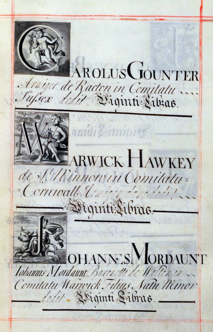 Archiv 3693 f.62 Seite mit der Auflistung von drei Wohltätern des New College, Oxford; Carolus Gounter, Warwick Hawkey und Johannes Mordaunt, aus einem Benefizbuch, 16812-84 (Feder und Tinte) von English School