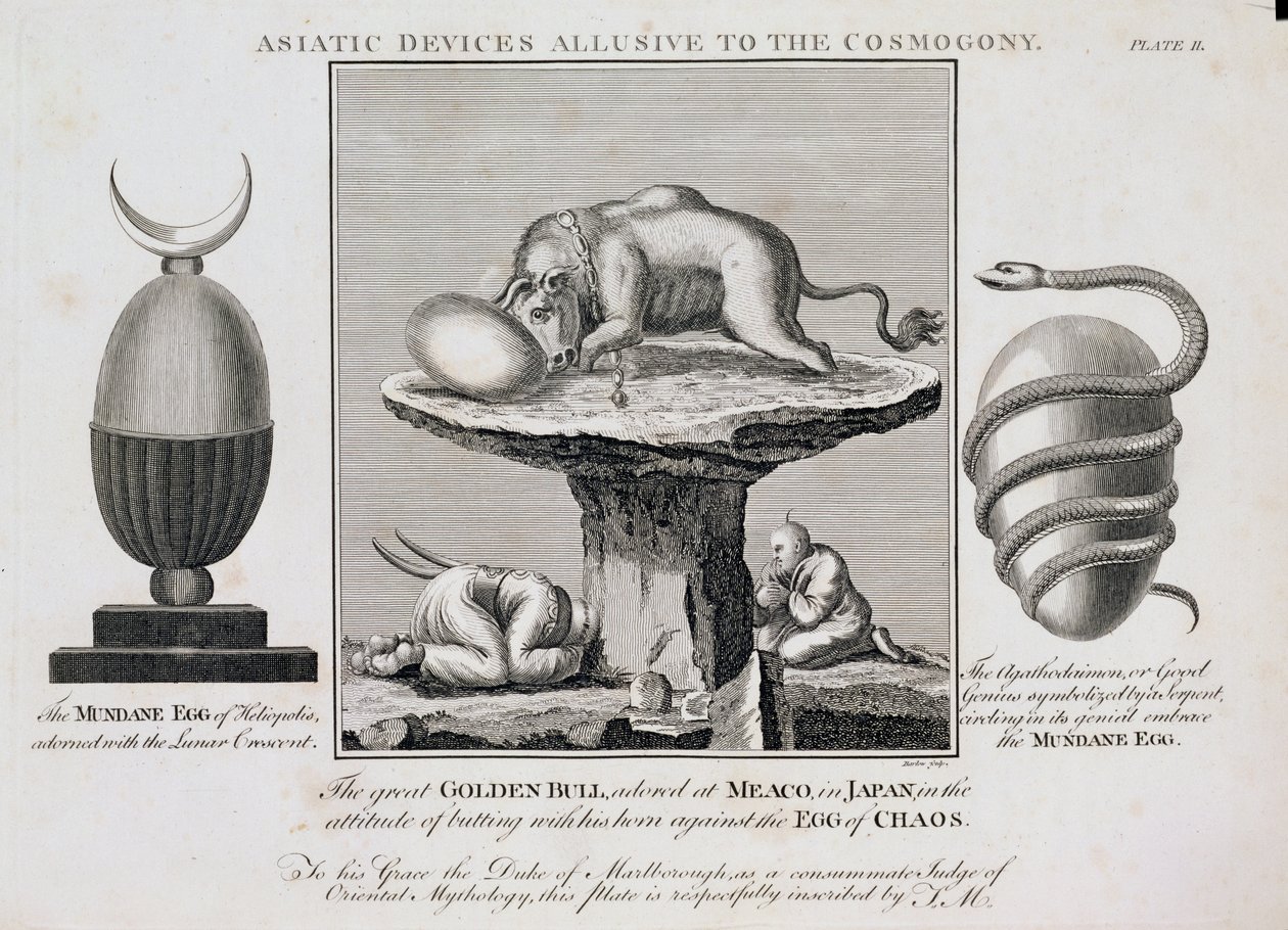 Asiatische Geräte, die auf die Kosmogonie anspielen, graviert von Inigo Barlow von English School