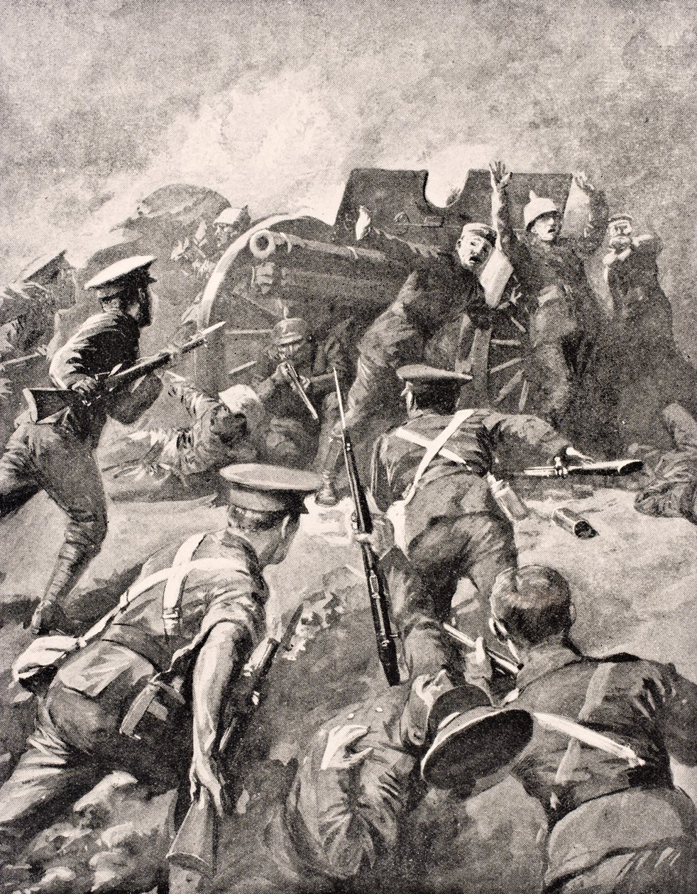 Britische Soldaten im Bajonettangriff auf deutsche Kanoniere, aus 