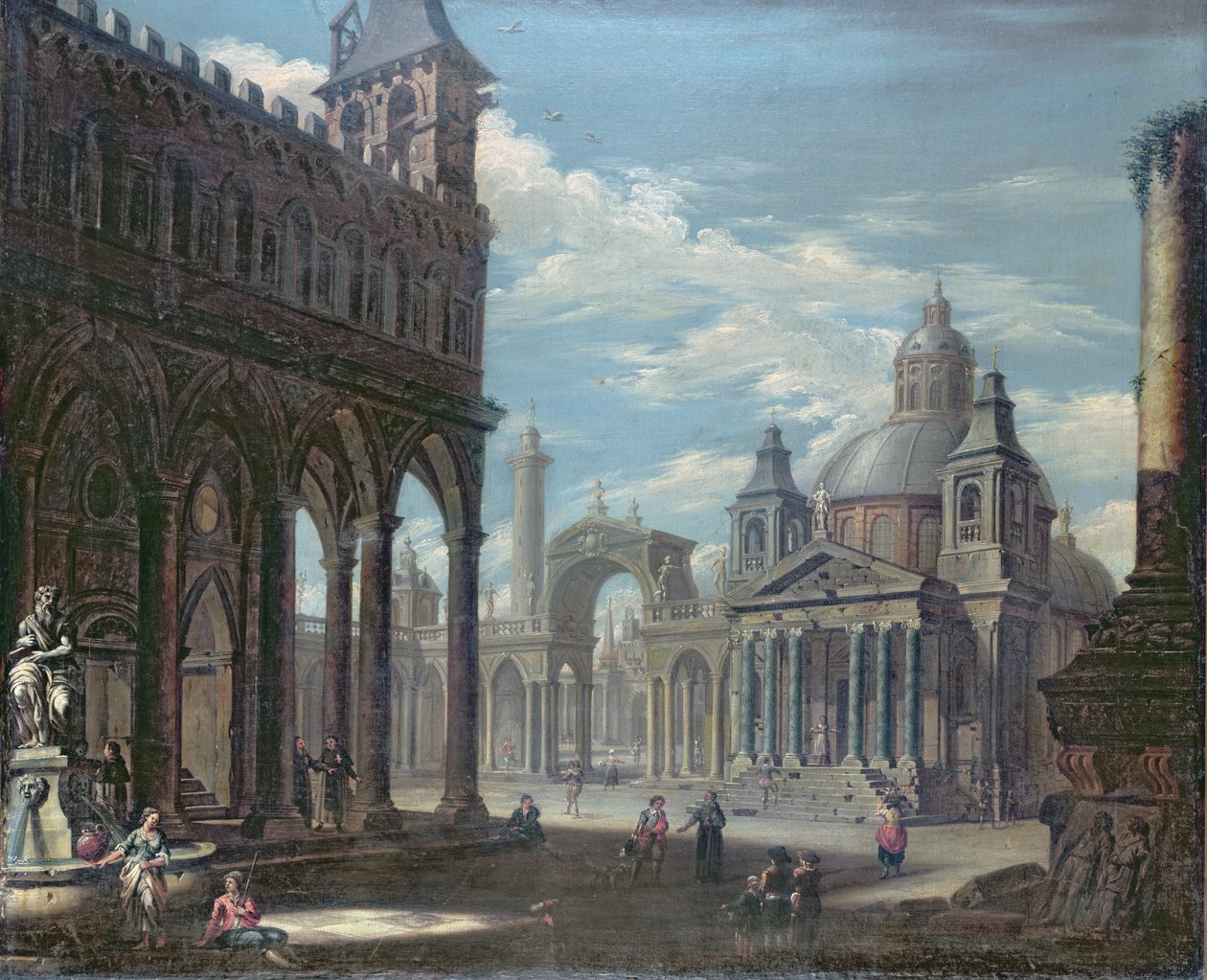 Capriccio eines Platzes mit gotischen, römischen und barocken Gebäuden von English School