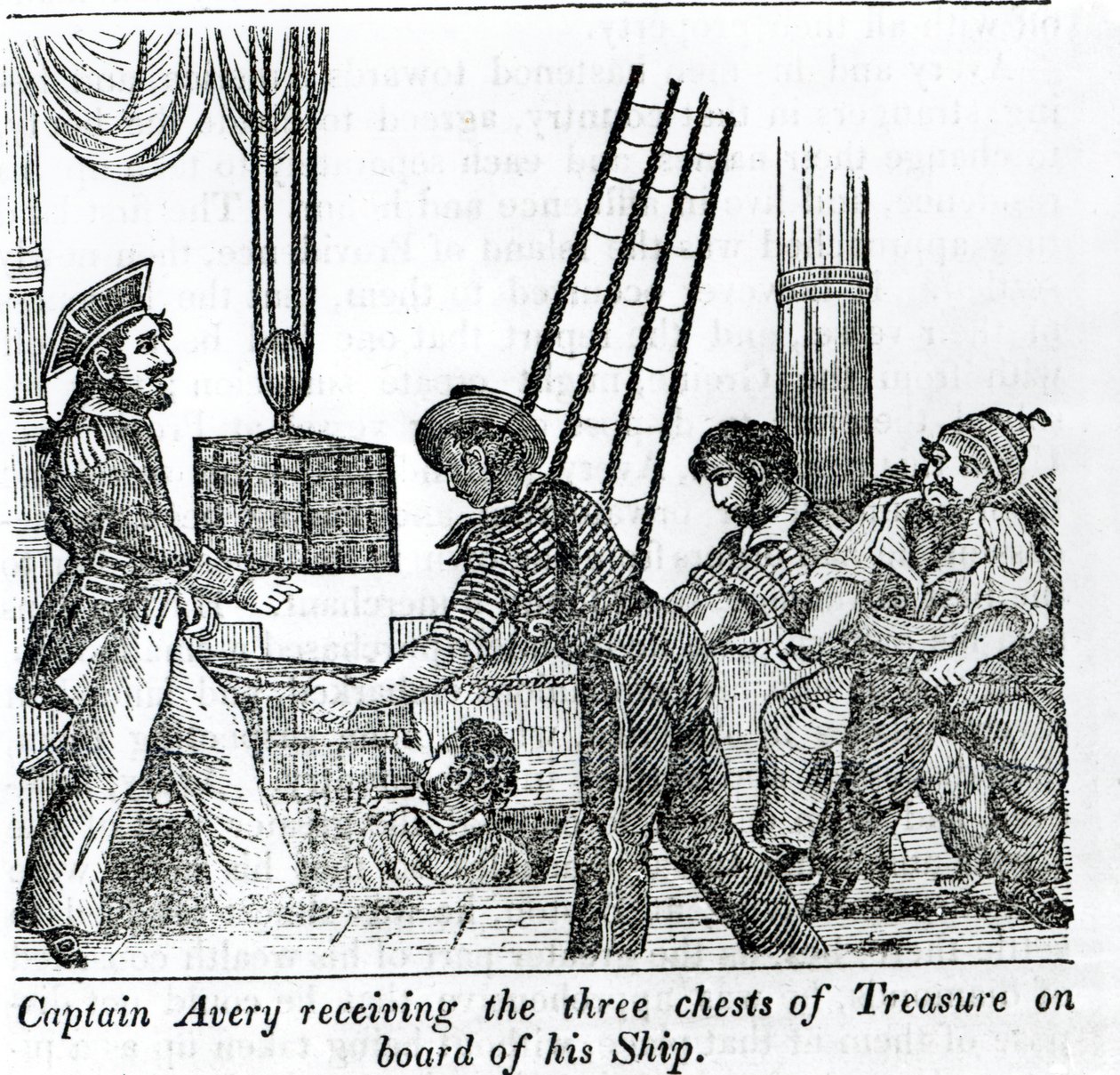 Kapitän Avery erhält drei Schatztruhen an Bord seines Schiffes, Illustration aus 