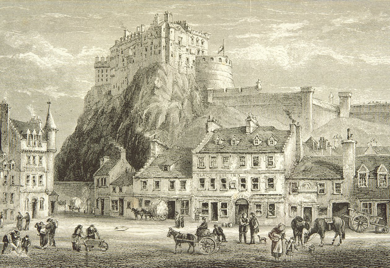 Schloss und Grassmarket, Edinburgh um 1880, aus 