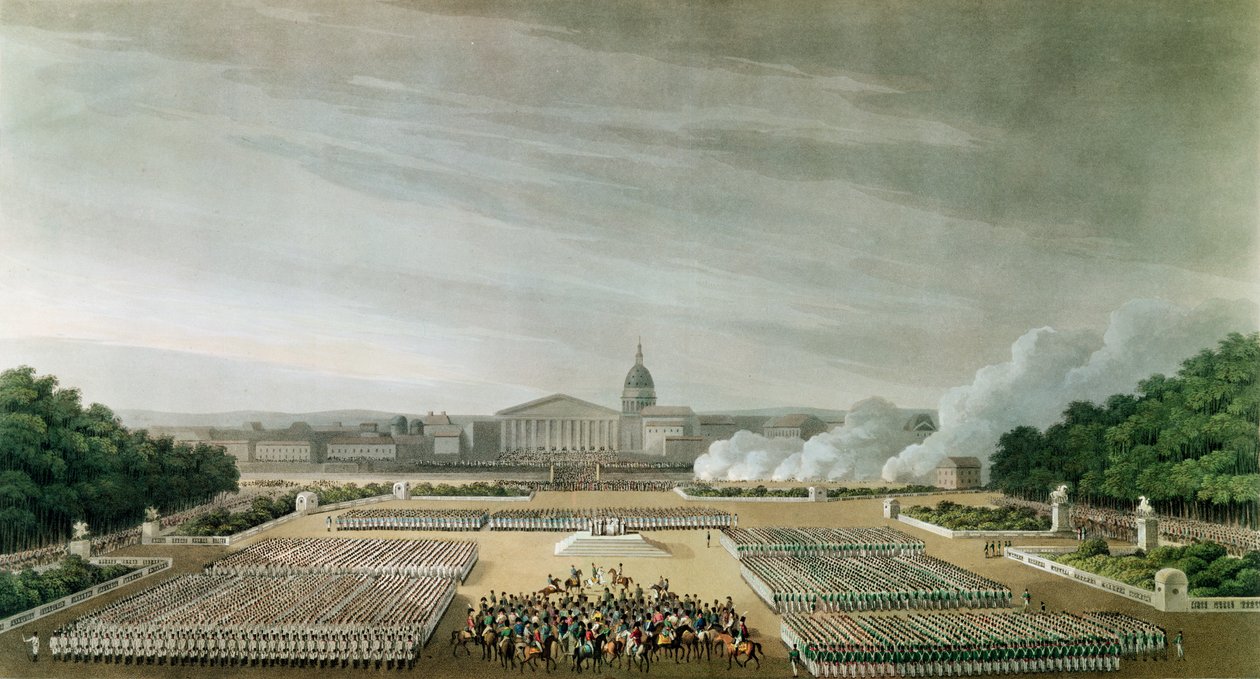 Zeremonie des Te Deum durch die alliierten Armeen auf dem Louis XV Platz, Paris, am 10. April 1814 von English School