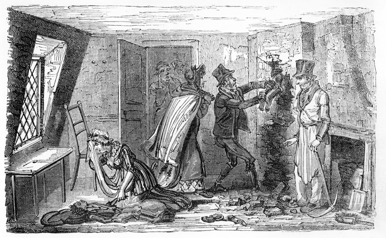 Schornsteinfegerjungen in einem Schornstein gefangen, Illustration aus 