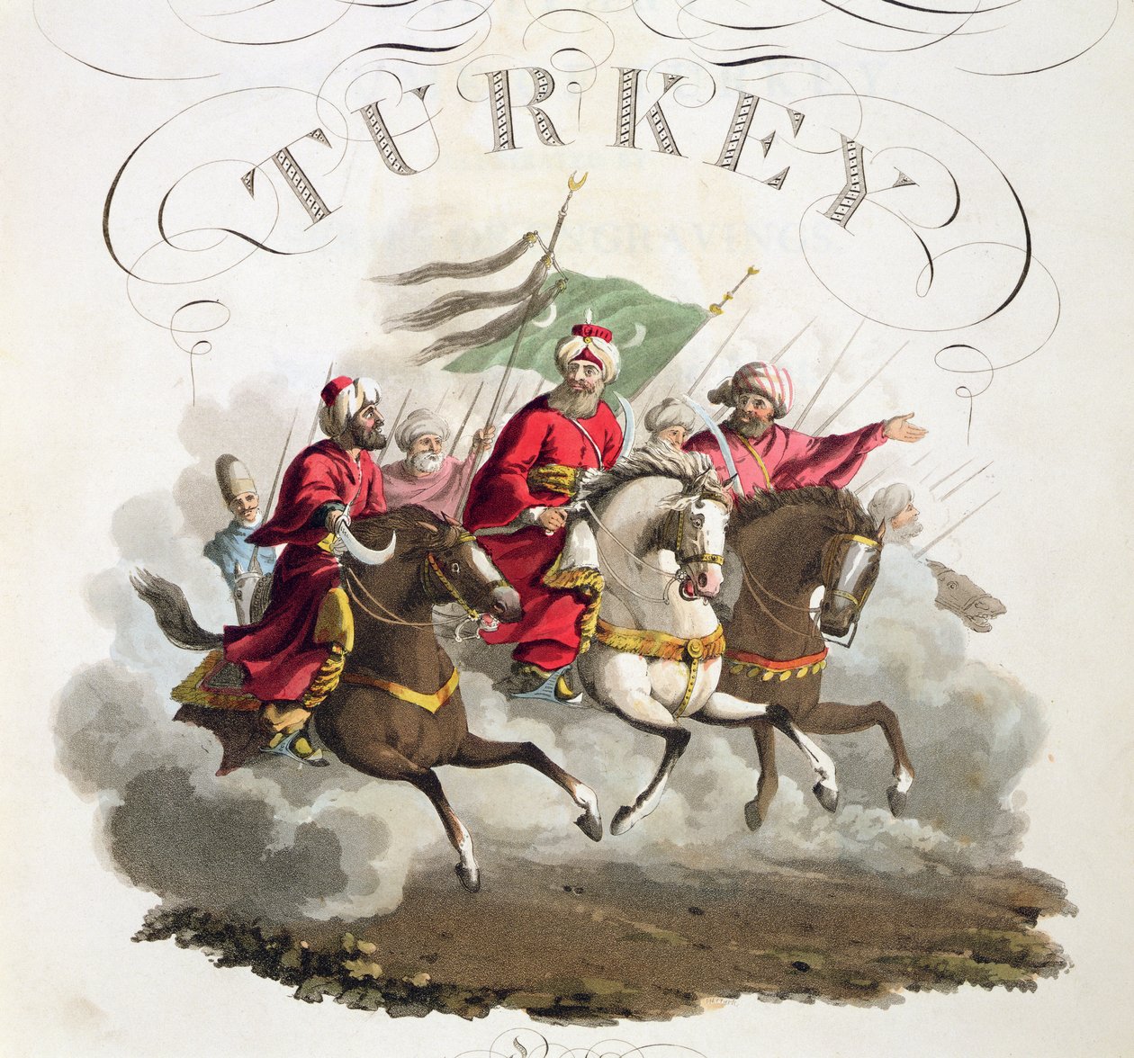 (Detail) der Titelseite, aus Costumes of the Various Nations, Band VII, The Military Costume of Turkey, von Thomas MacLean, veröffentlicht ca. 1800-18 (handkolorierte Aquatinta) von English School