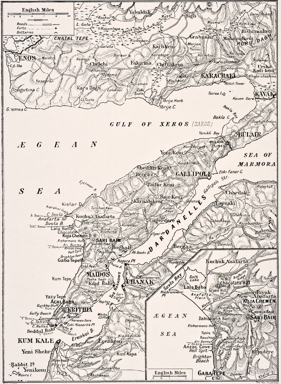Detaillierte Karte der Halbinsel Gallipoli und der Dardanellen Türkei, 1915, aus 