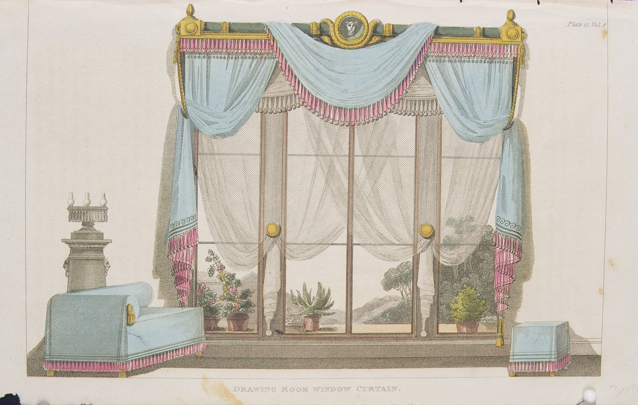 Salonvorhang, Tafel 43 aus Ackermanns Repository of Arts, veröffentlicht 1812 von English School
