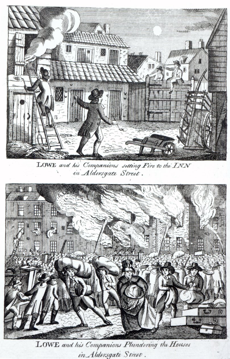 Edward Lowe und seine Gefährten setzen das Gasthaus in der Aldersgate Street in Brand und plündern die Häuser, 16. Mai 1790 von English School