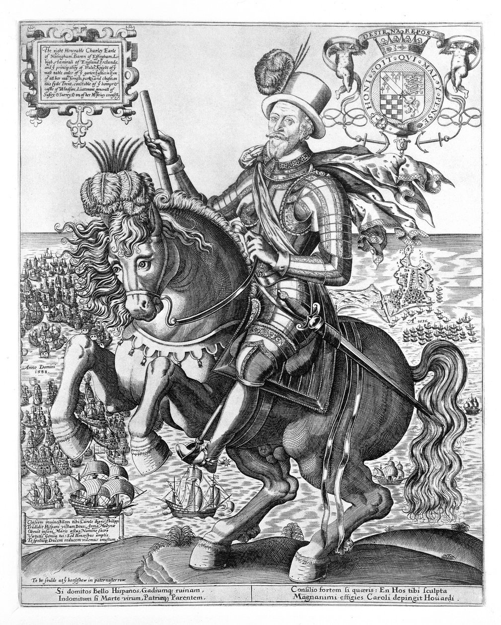 Reiterporträt von Charles Howard (1536-1624), 2. Baron Howard of Effingham, 1. Earl of Nottingham, graviert von Thomas Cockson (fl.1591-1636) c.1597-1603 von English School