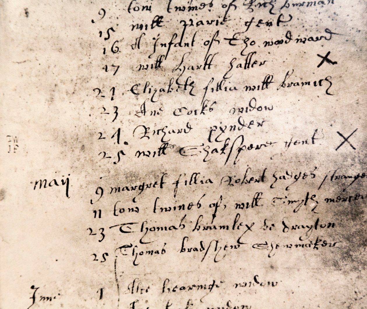 Faksimile des Eintrags zur Beerdigung von William Shakespeare am 25. April 1616 von English School