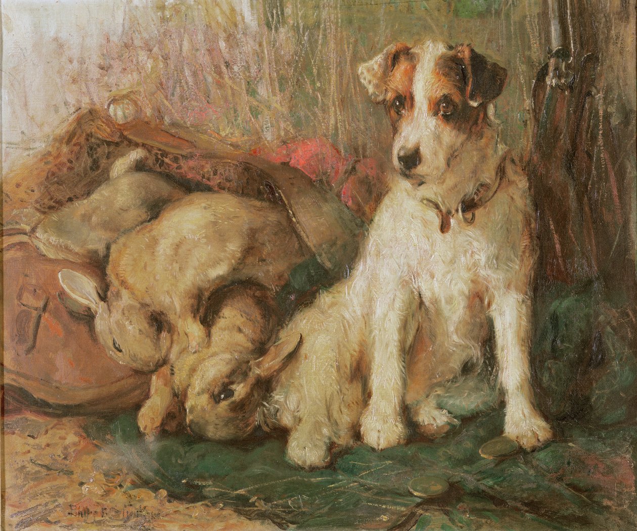 Foxterrier mit der Tagesbeute von English School