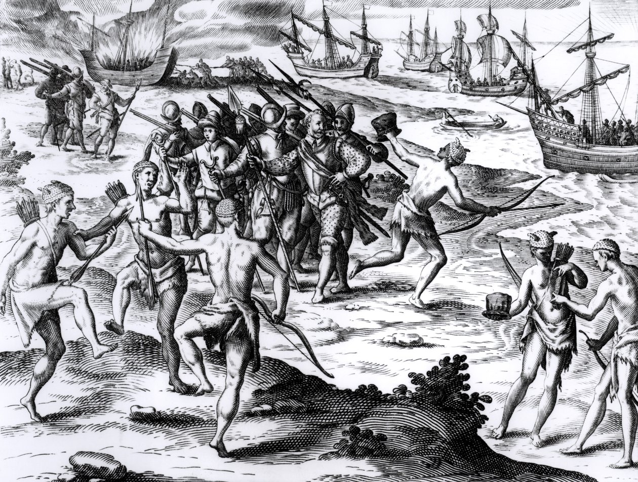 Francis Drake (ca. 1540-96) in der Neuen Welt von English School