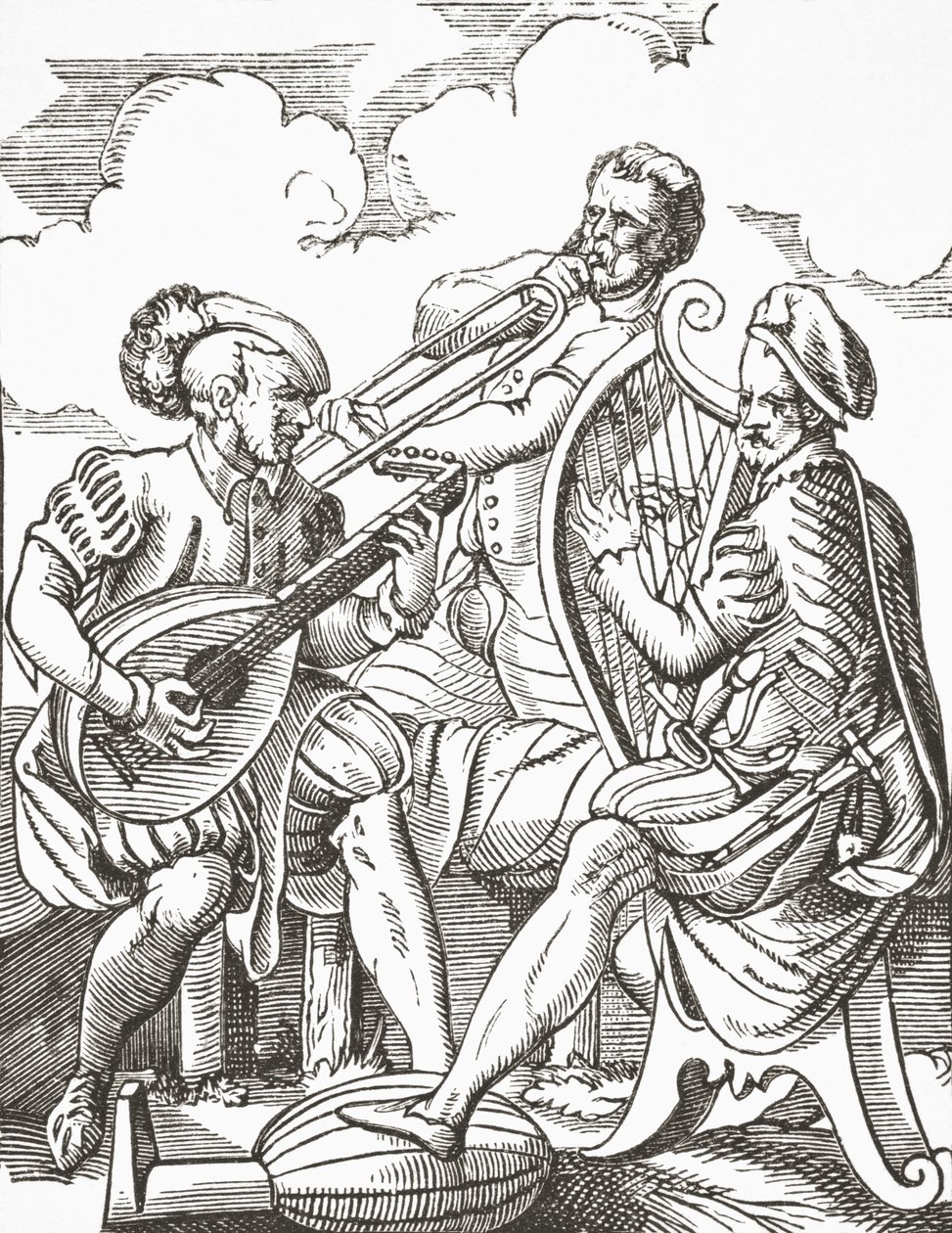 Deutsche Musiker, die Laute und Gitarre spielen, 1878 von English School