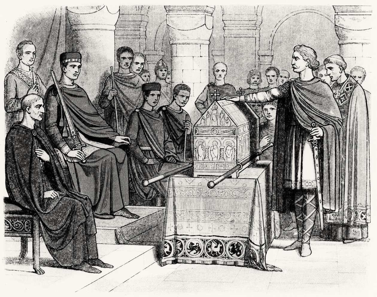Harold II (ca. 1022-66) schwört einen Eid, das Vermächtnis des Throns an Wilhelm I., den Eroberer (ca. 1028-87) durch Eduard den Bekenner (ca. 1003-66) zu unterstützen, ca. 1064 von English School