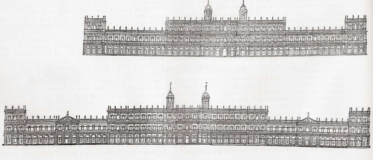 Inigo Jones 1638 Plan für einen neuen Palast in Whitehall, Westminster, England, aus Old England: A Pictorial Museum, 1847 von English School