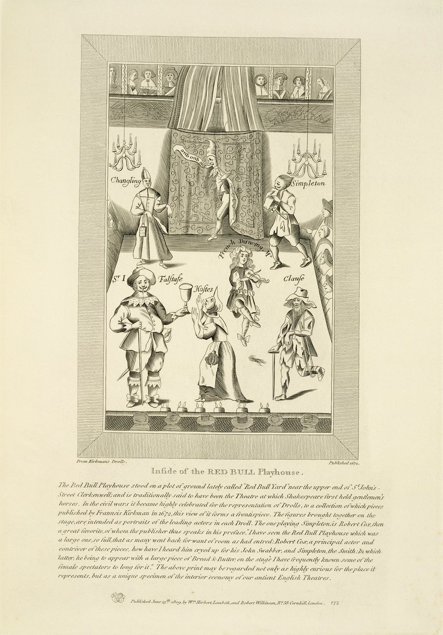 Innenansicht des Red Bull Playhouse, Frontispiz zu einer Sammlung von Drolls von Francis Kirkman, erstmals veröffentlicht 1672, veröffentlicht von William Herbert und Robert Wilkinson, 1809 von English School