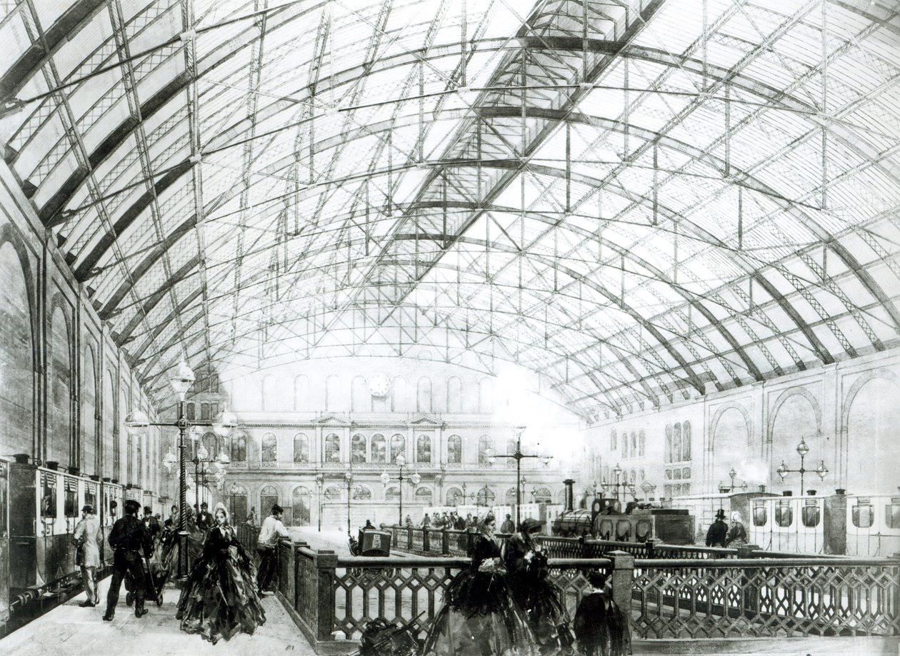 Innenansicht des Bahnhofs Charing Cross, graviert von den Kell Brothers, ca. 1864 von English School