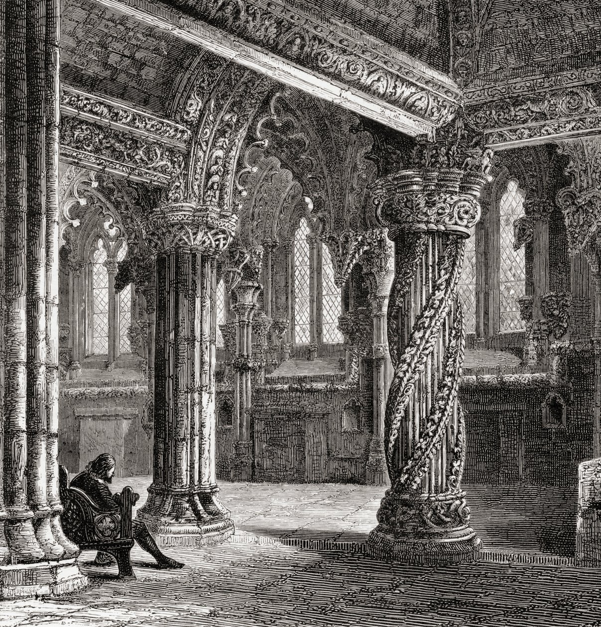 Innenraum der Roslin-Kapelle, mit der Lehrlingssäule, aus 
