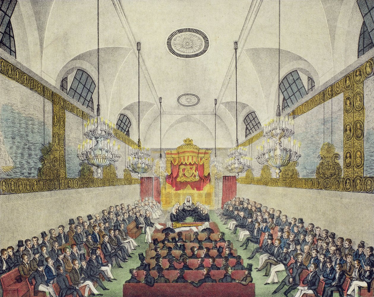 Innenansicht des House of Lords im Palace of Westminster, gedruckt und veröffentlicht von Charles Ingrey, ca. 1830 von English School