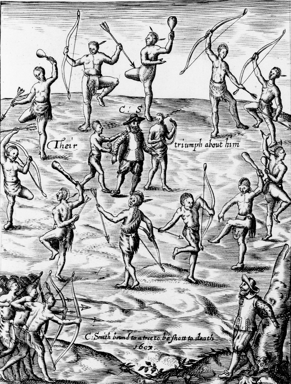 John Smith wird gefangen genommen und von den Ureinwohnern Virginias 1607 mit dem Tod bedroht, 1624 (Detail) von English School