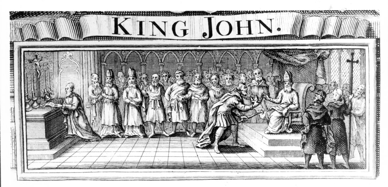 König Johann übergibt seine Krone an Pandulph Masca, päpstlicher Legat, in Dover im Mai 1213 von English School