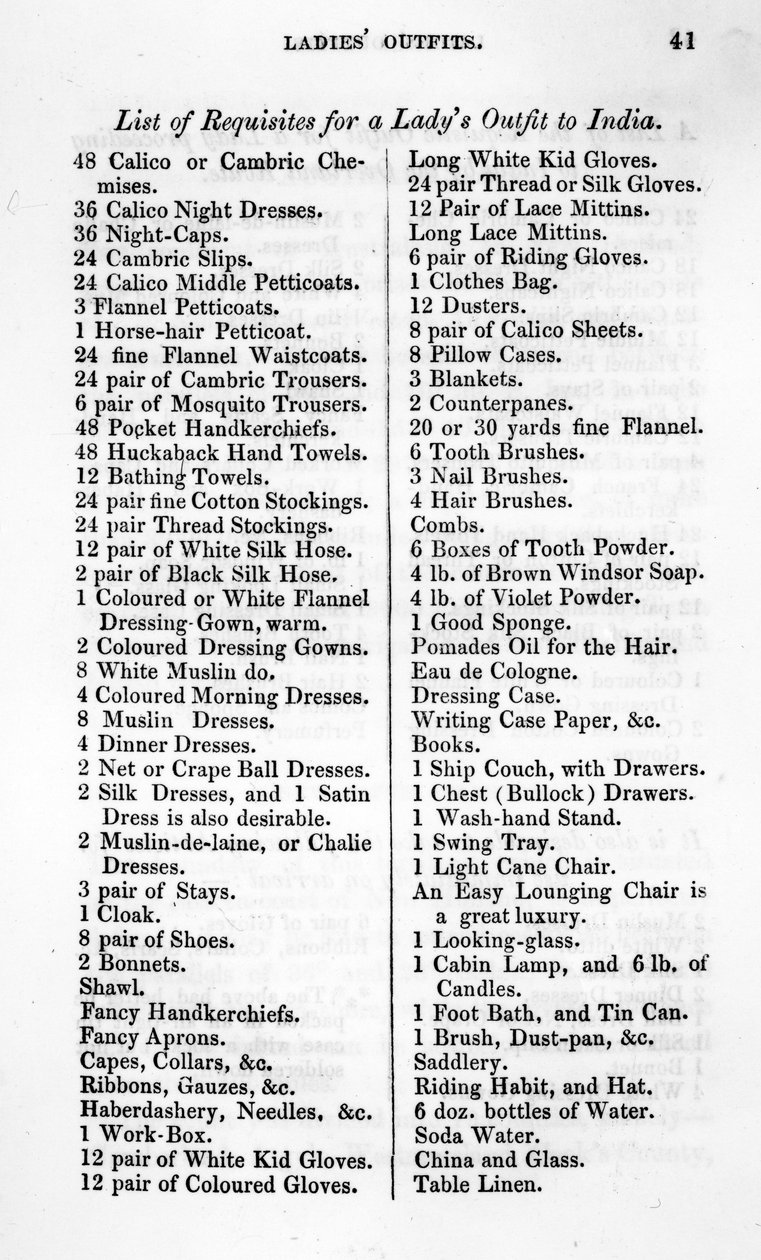 Liste der Anforderungen für die Garderobe einer Dame nach Indien, aus 