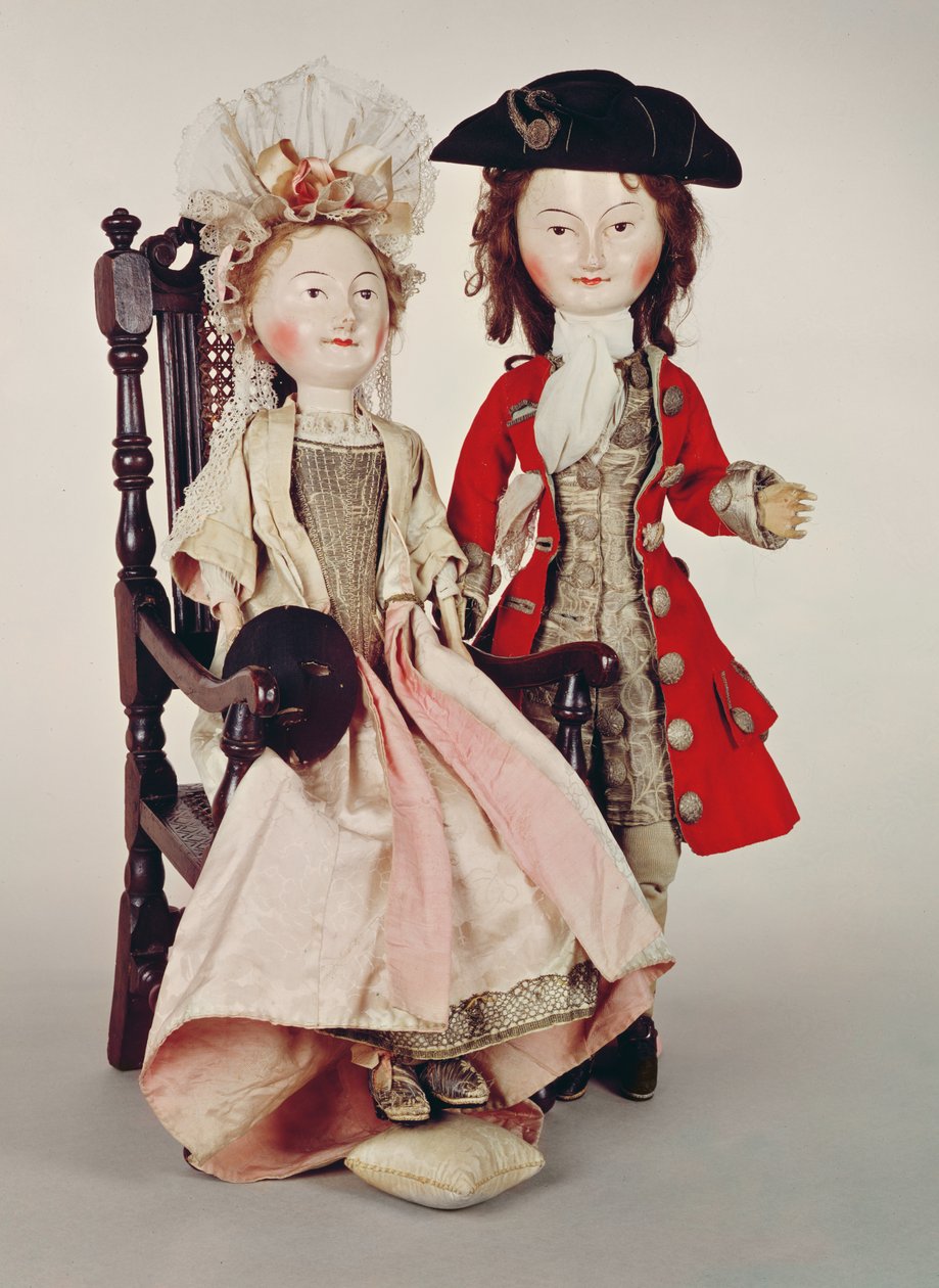 Lord und Lady Clapham, Holzpuppen aus der Zeit von William und Mary, späte 17. Jahrhundert, ca. 1680er von English School