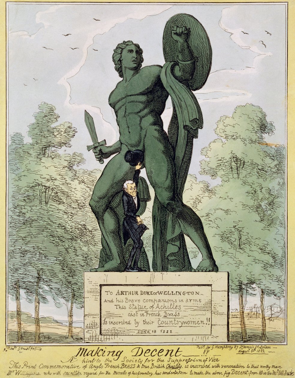 Making Decent, Karikatur zeigt William Wilberforce (1759-1833), wie er die Statue von Achilles am Hyde Park Corner bedeckt, von Richard Westmacott (1775-1856), veröffentlicht 1822 von English School