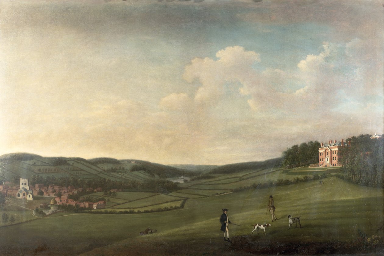 Herrenhaus auf einem Hügel mit Blick auf ein Dorf von English School