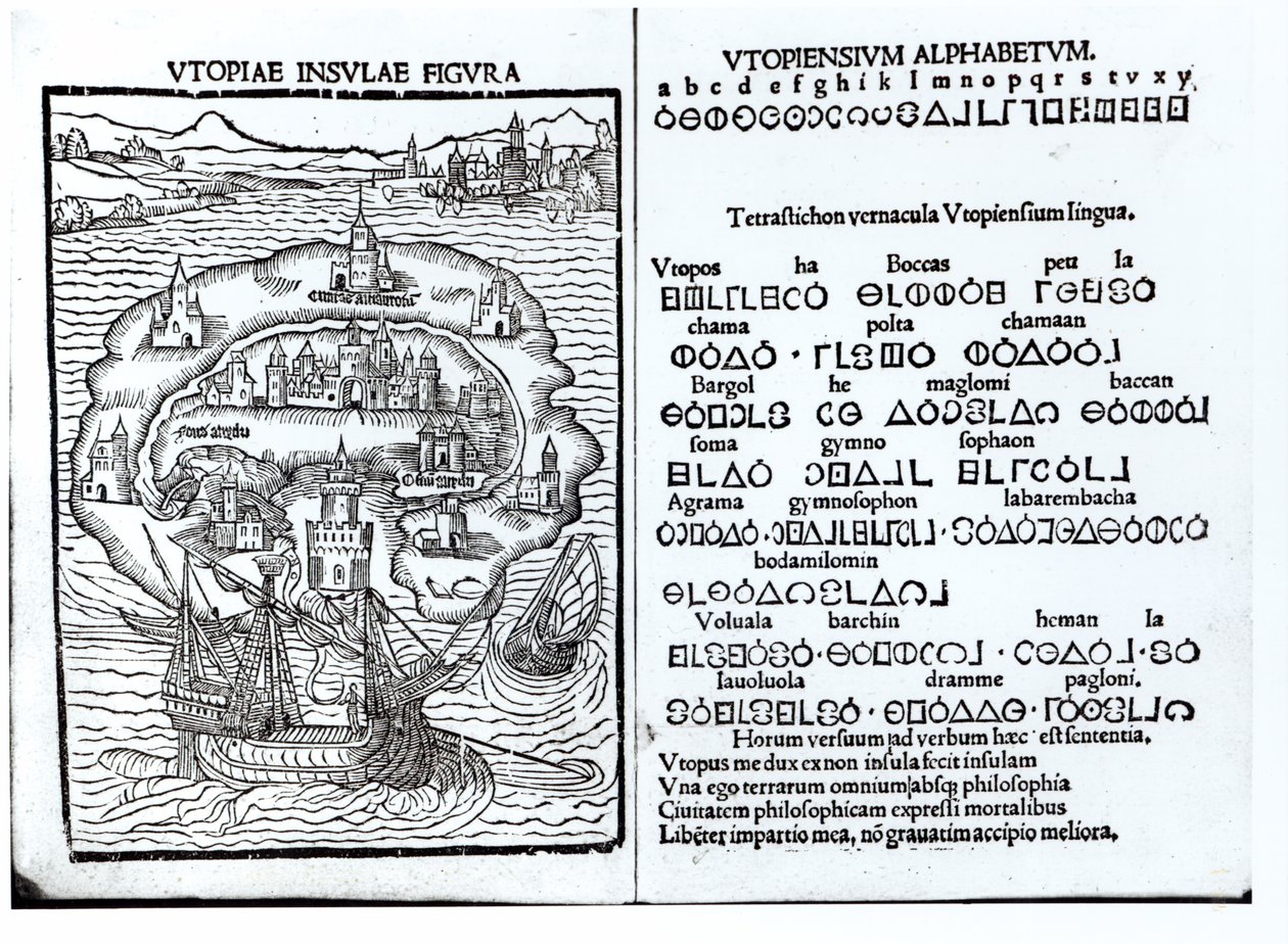 Karte der Insel Utopia und ihr Alphabet von English School