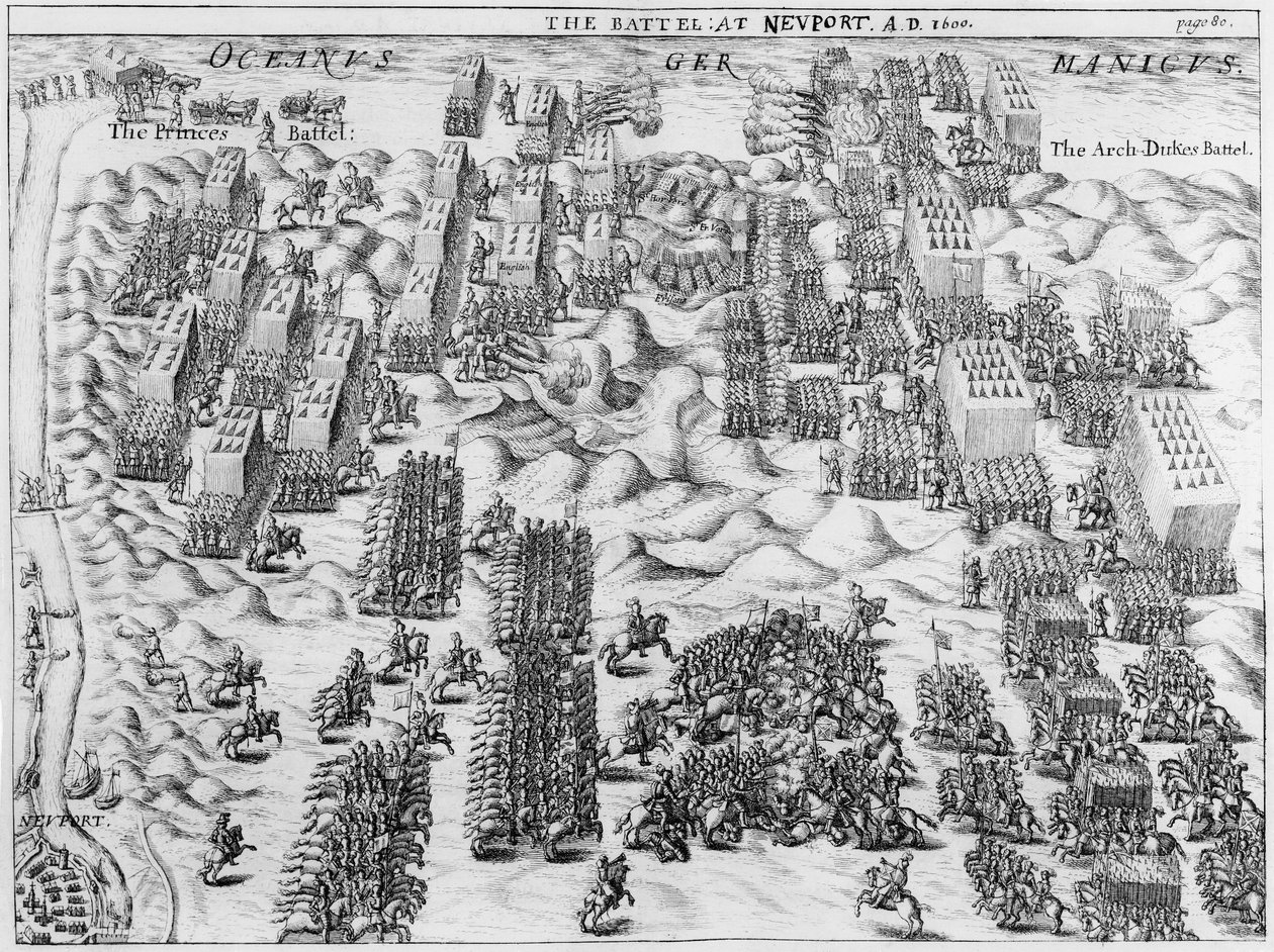 Maurice besiegt die Österreicher in der Schlacht von Nieuport, 1600 von English School