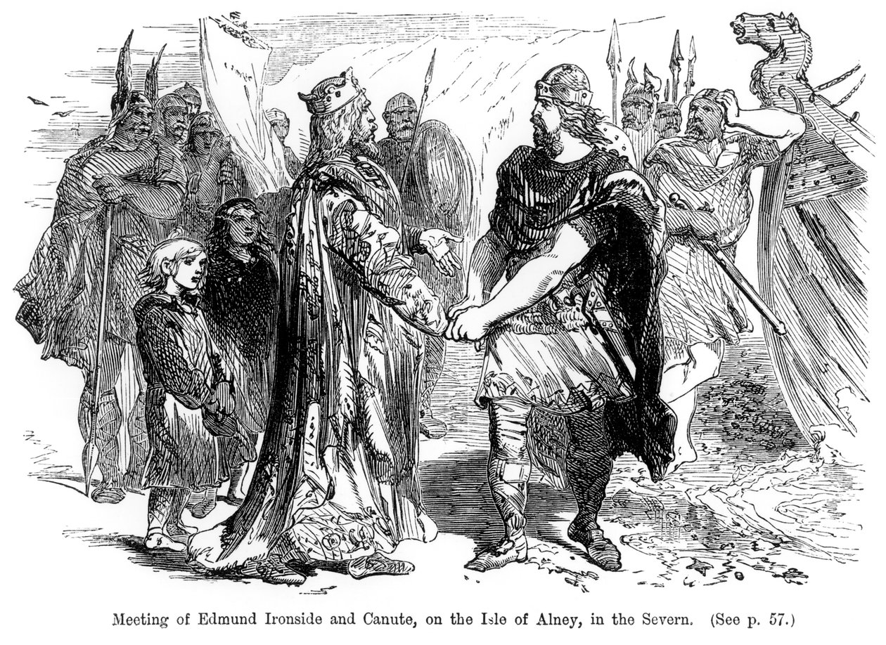 Treffen von Edmund Ironside (981-1016) und Knut (994-1035) auf der Insel Alney im Severn im Jahr 1016 von English School