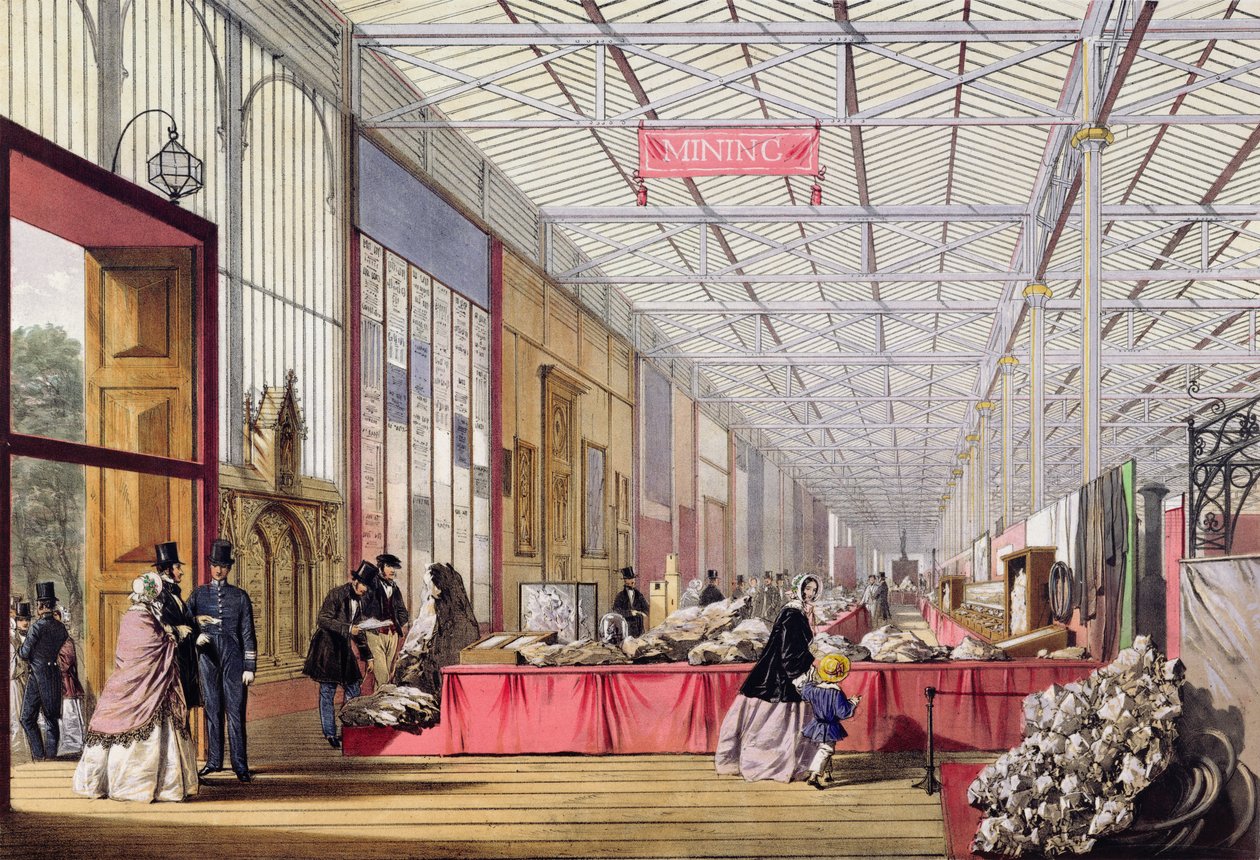 Mineralien: Galerie mit Gesteinen und Kristallen auf der Großen Ausstellung 1851, aus 