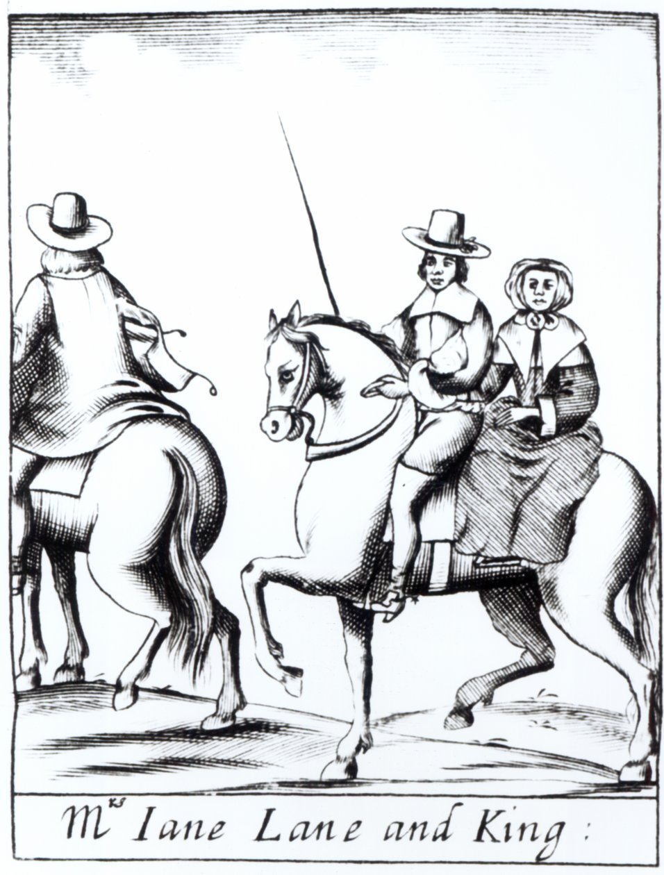 Mrs. Jane Lane reitet mit König Karl II. (1630-85) nach der Niederlage in der Schlacht von Worcester im September 1651, veröffentlicht 1660 von English School