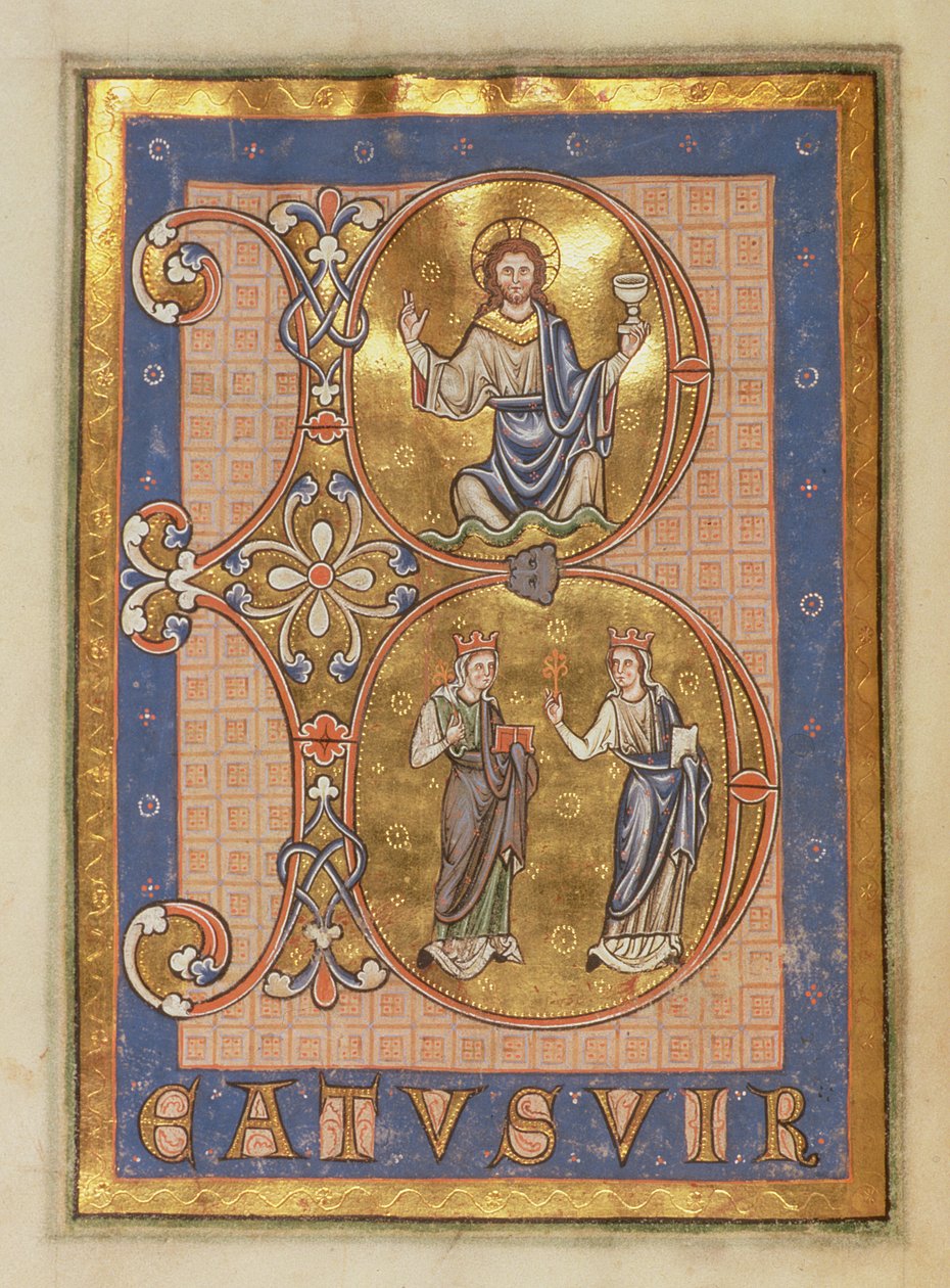 Initiale B darstellend, oben: Christus sitzend, unten: zwei Frauen, die Barmherzigkeit und Wahrheit repräsentieren, aus dem Peterborough Psalter, ca. 1260 von English School