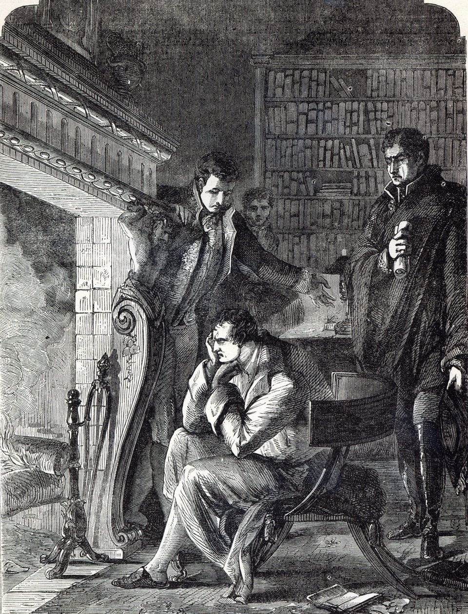 Napoleon grübelt am Feuer in der Nacht vor seiner Abdankung und Abreise aus Fontainebleau am 20. April 1814 von English School