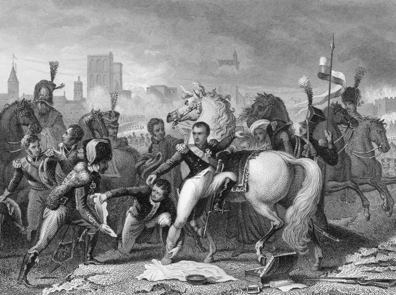Napoleon verwundet beim Angriff auf Regensburg, Bayern 1809 von English School