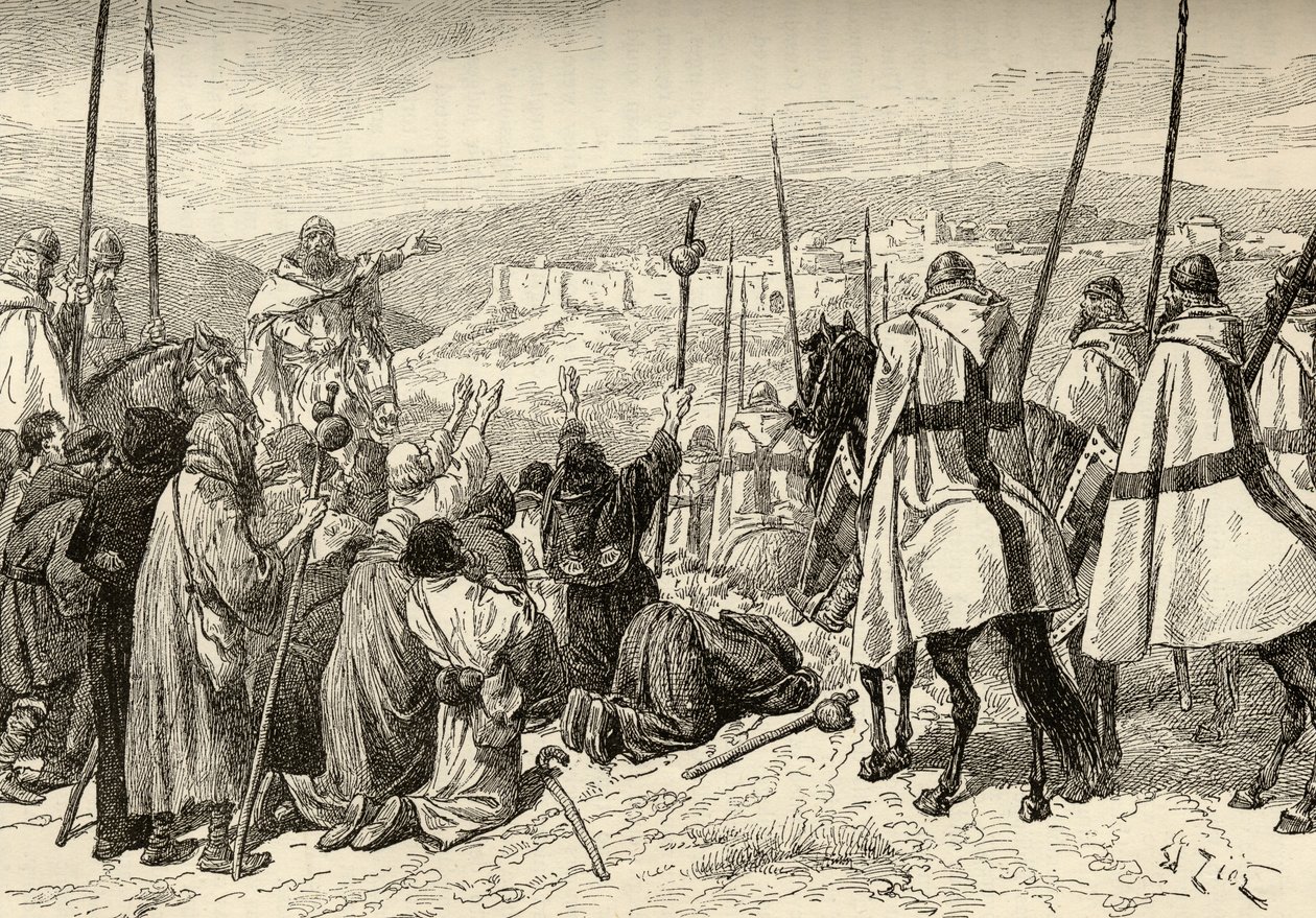Pilger unter dem Schutz der Tempelritter vor Jerusalem im 12. Jahrhundert von English School