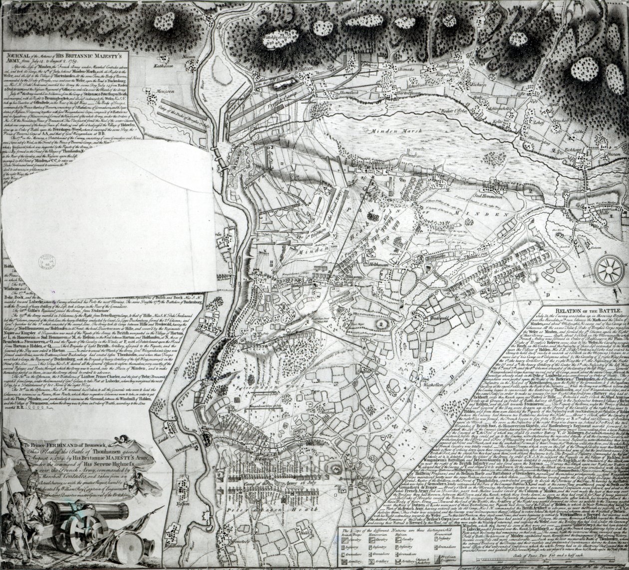 Plan der Schlacht von Minden (gezeichnet von Captain William Roy und gestochen von Thomas Major, 1760) von English School