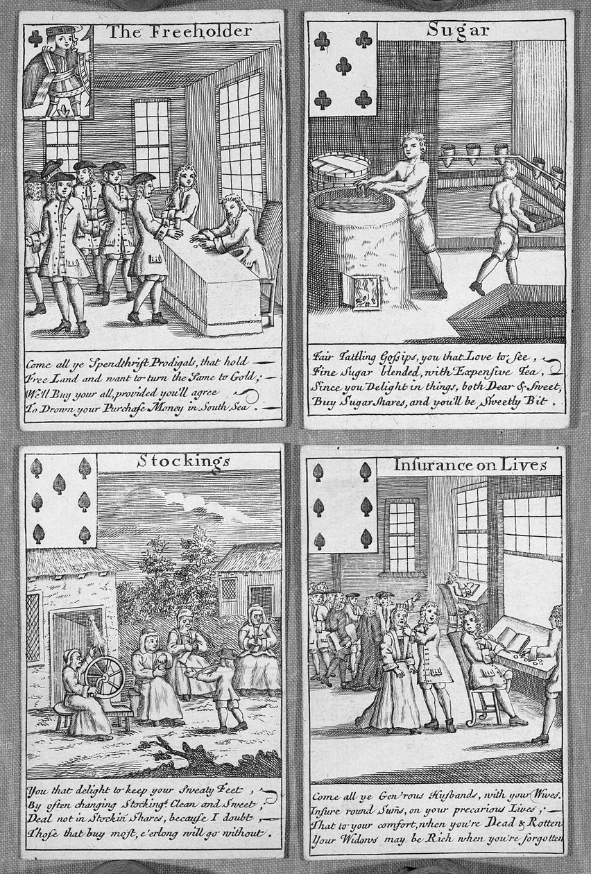 Spielkarten, die aktuelle kommerzielle Unternehmungen darstellen, ca. 1720 von English School