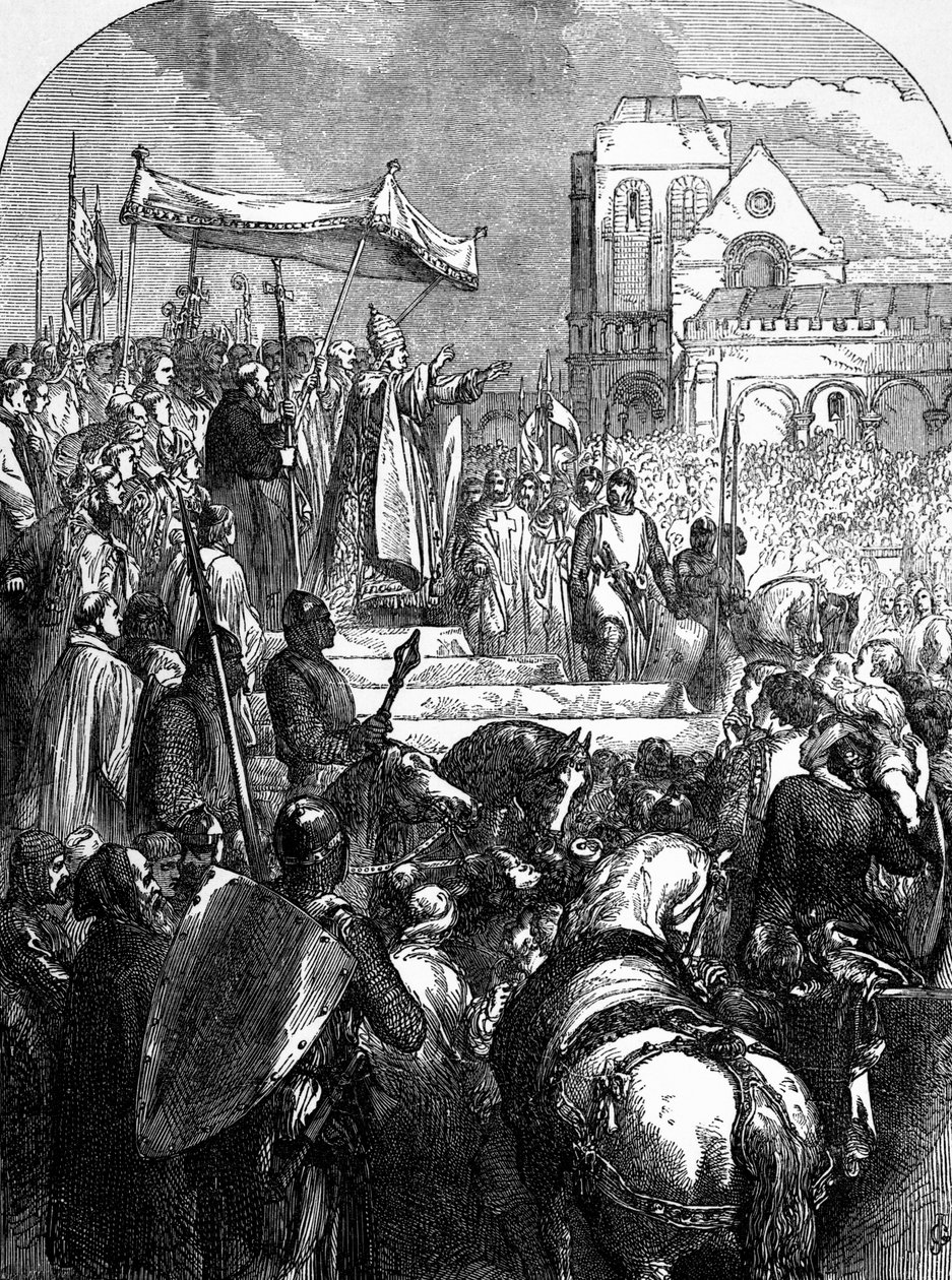Papst Urban II. (ca. 1035-99) predigt den Ersten Kreuzzug auf dem Marktplatz von Clermont im Jahr 1095 von English School